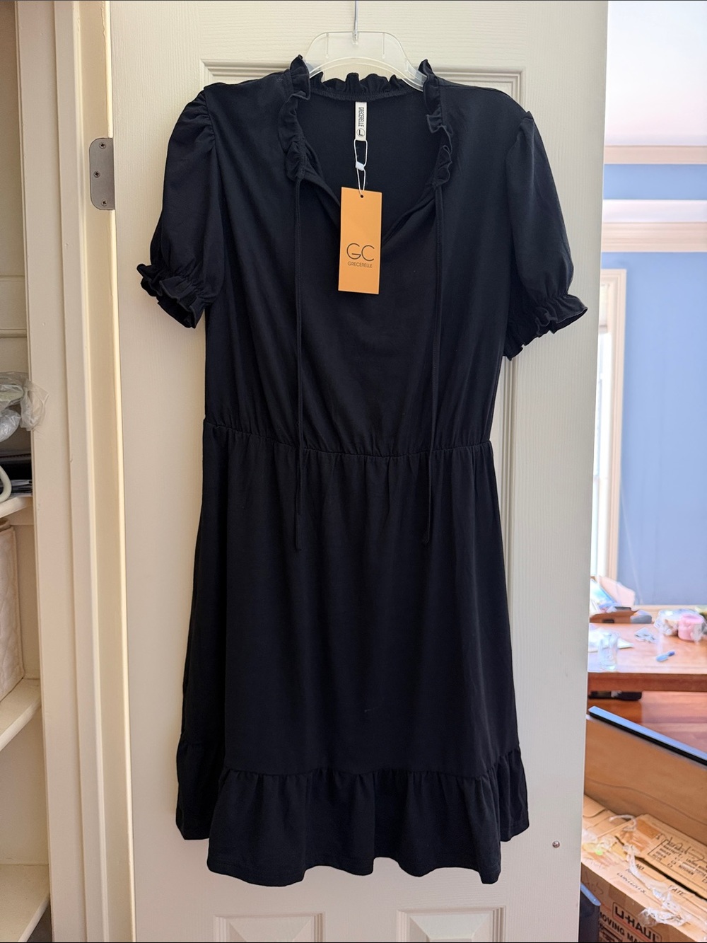 GC Collection Black Ruffle Sleeve Tie-Waist Dress